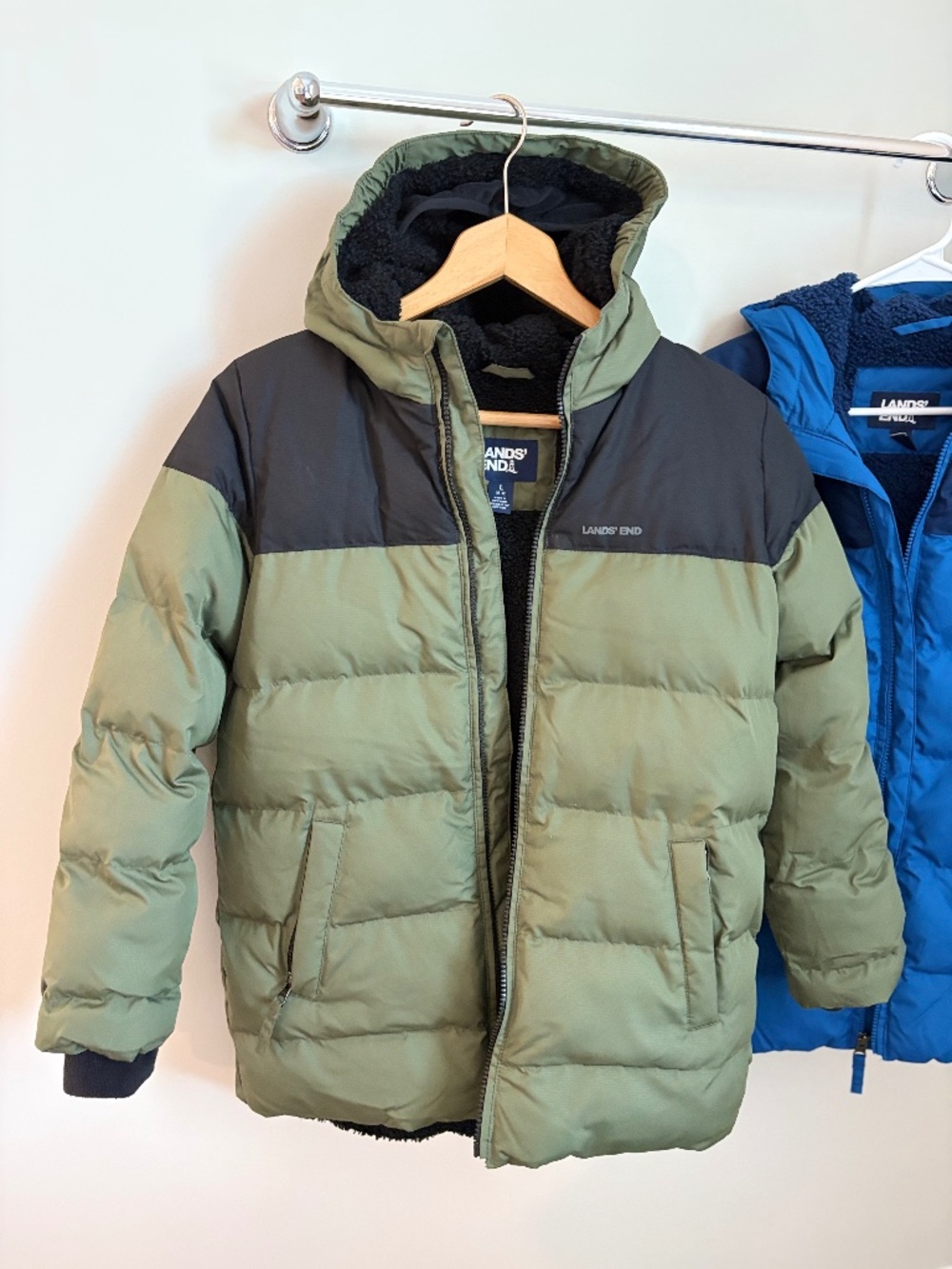 Lands’ End Boys Hooded Puffer Coat L 10–12 Olive Green Sherpa Lined